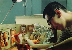 Tabata working on the Santa puppet