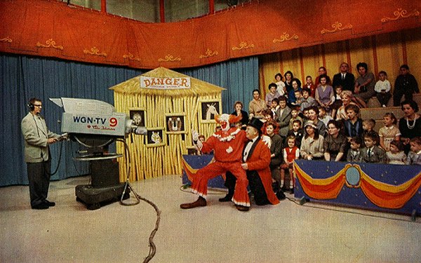 Behind the scenes at WGN's Bozo's Circus with Bob Bell as Bozo and Ned Locke as Ringmaster Ned