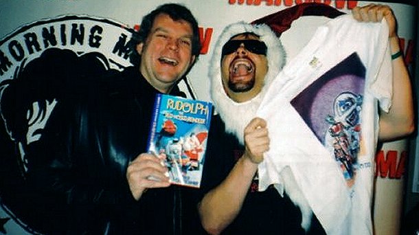 Rankin/Bass historian Rick Goldschmidt (left) and Q101's Mancow Muller (right) having some fun in front of the camera.